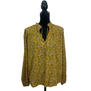 All The Wild Roses Women's L Mustard Yellow Floral Boho Split Neck Tie Blouse
